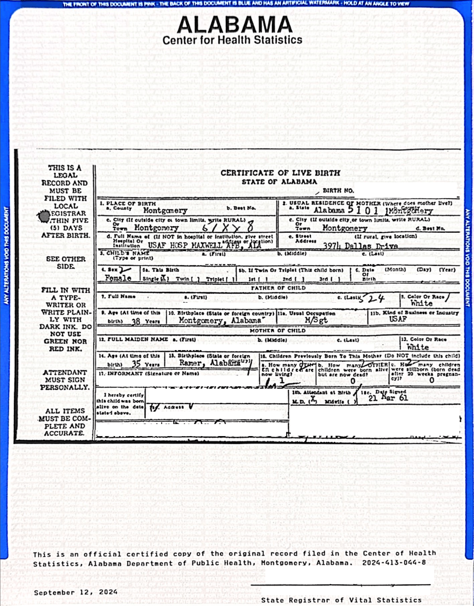 Certificate of Live Birth State of Alabama