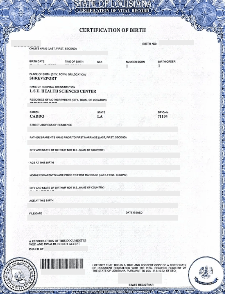 Certificate of Live Birth State of Louisiana