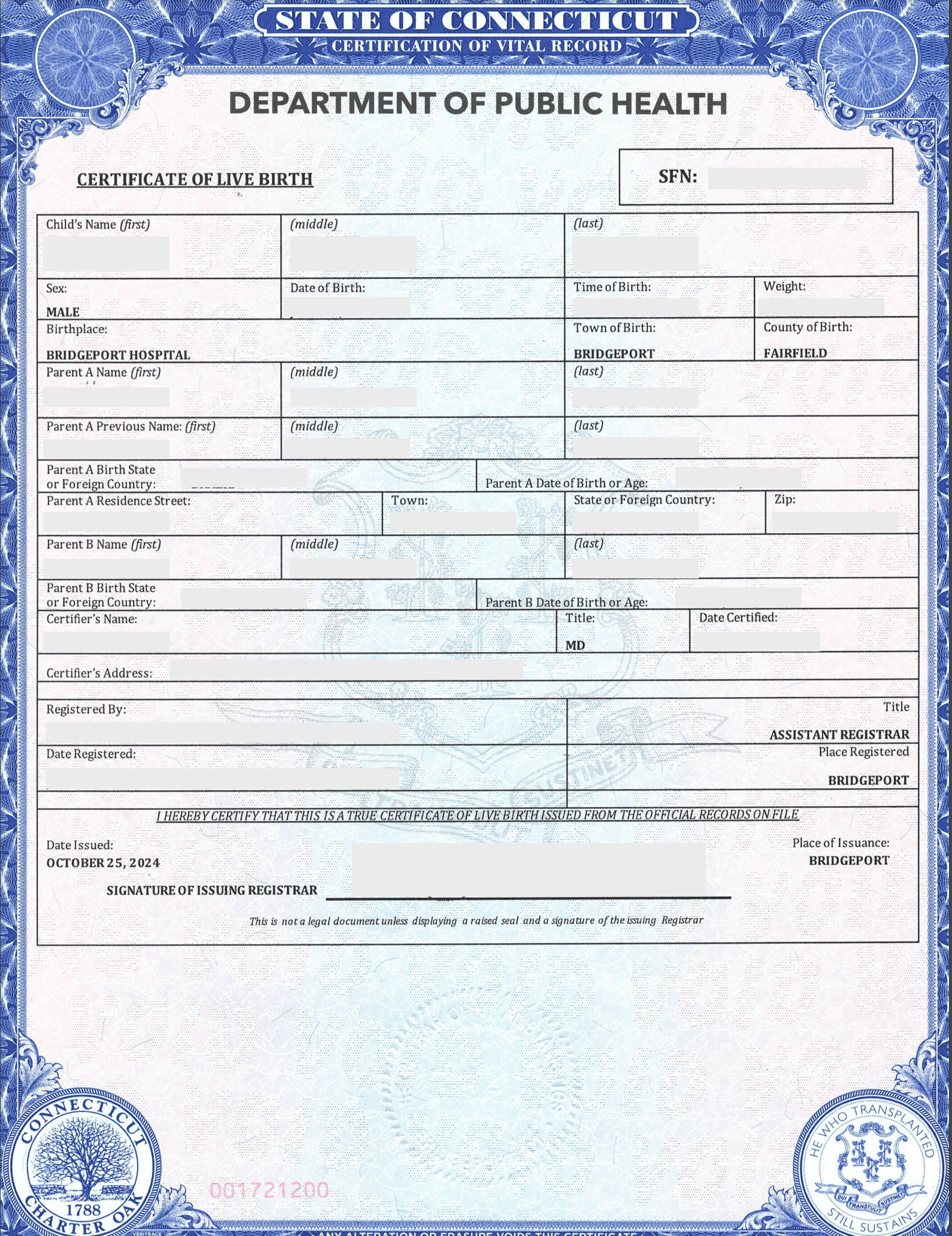 Connecticut Certificate of Live Birth