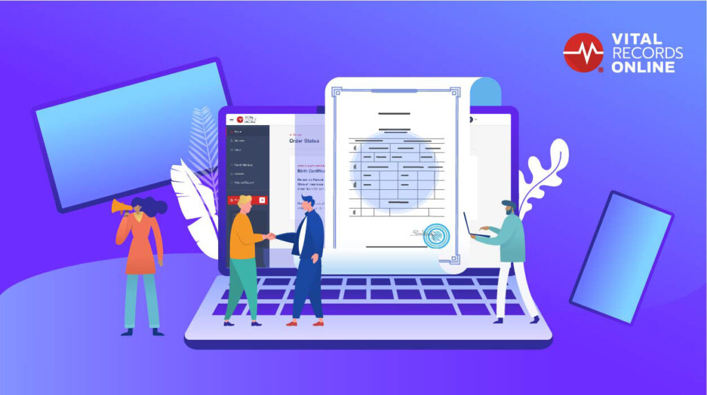 An illustration of a laptop displaying documents and an the VRO business interface, with three figures in front, set against a purple background with the "Vital Records Online" logo.