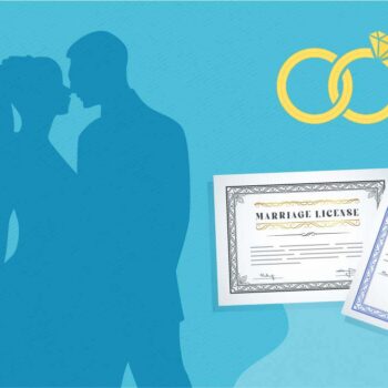 Silhouette of a bride and groom with a marriage license and certificate, accompanied by the Vital Records Online logo and two intertwined wedding rings.